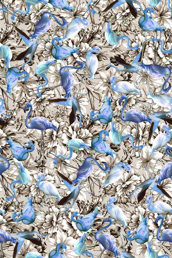 335528-花卉底纹丹顶鹤雀鸟火烈鸟印花