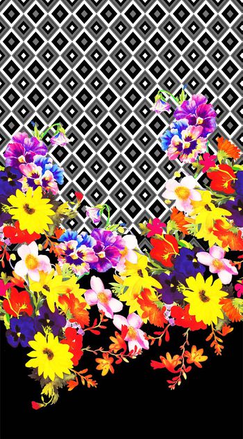 338972-手绘花卉菱形黑白格子高端女装裙边定