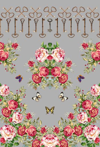 339454-欧式宫廷风定位对称古典钥匙花卉印花