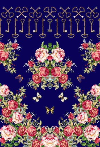 339455-欧式宫廷风定位对称古典钥匙花卉印花