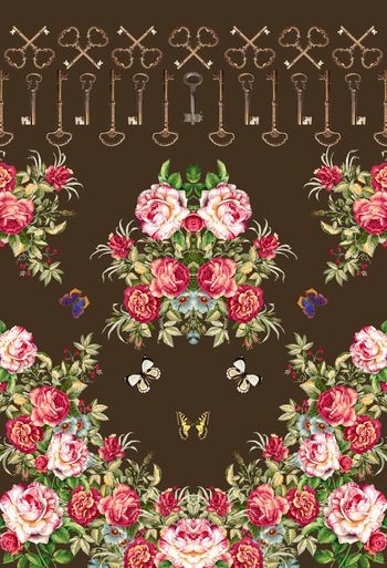 339456-欧式宫廷风定位对称古典钥匙花卉印花