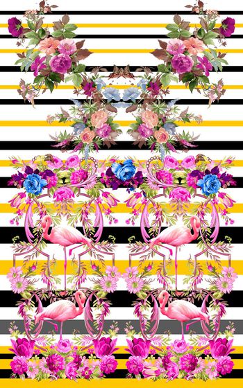 341901-复古花卉几何条纹非洲民族风情火烈鸟