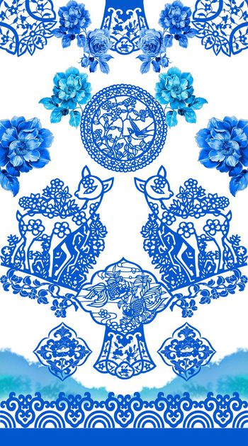 361613-中国风青花瓷靛蓝花卉剪纸艺术小鹿燕