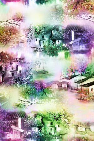 山水画印花华亿平台图片