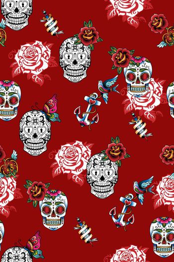 368527-涂鸦风格时尚潮流彩绘骷髅花卉匕首船