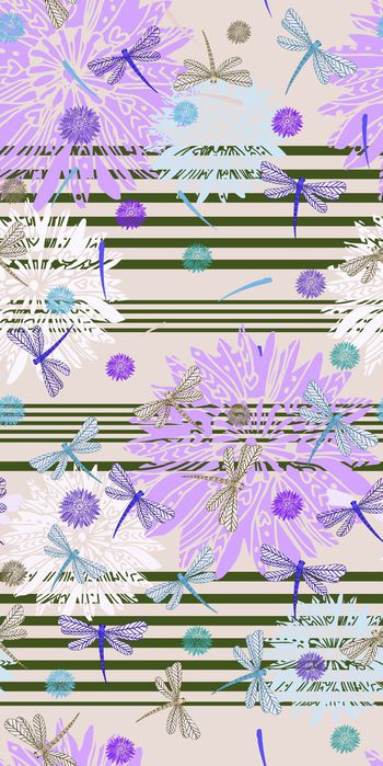 370612-蜻蜓花卉条纹组合1