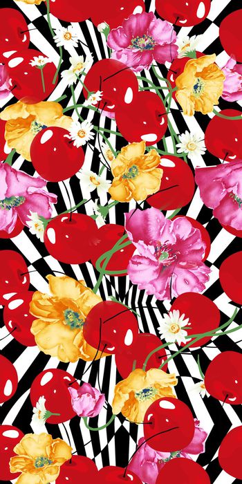 370837-樱桃水果手绘花卉几何条纹组合