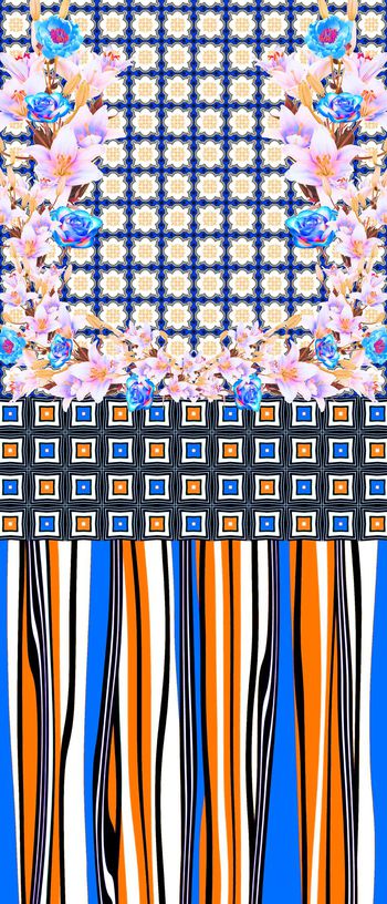 372098-复古几何格子条纹花卉连衣裙