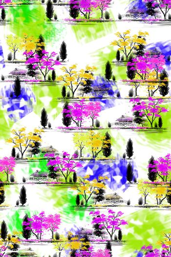 372990-写意手绘水彩房子树木风景男装衬衫花