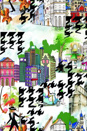 千鸟格  时尚插画   楼房印花华亿平台图片