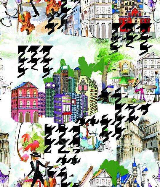 千鸟格  时尚插画   楼房印花华亿平台图片