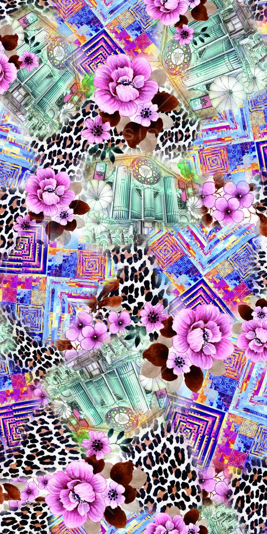 手绘建筑印花华亿平台图片