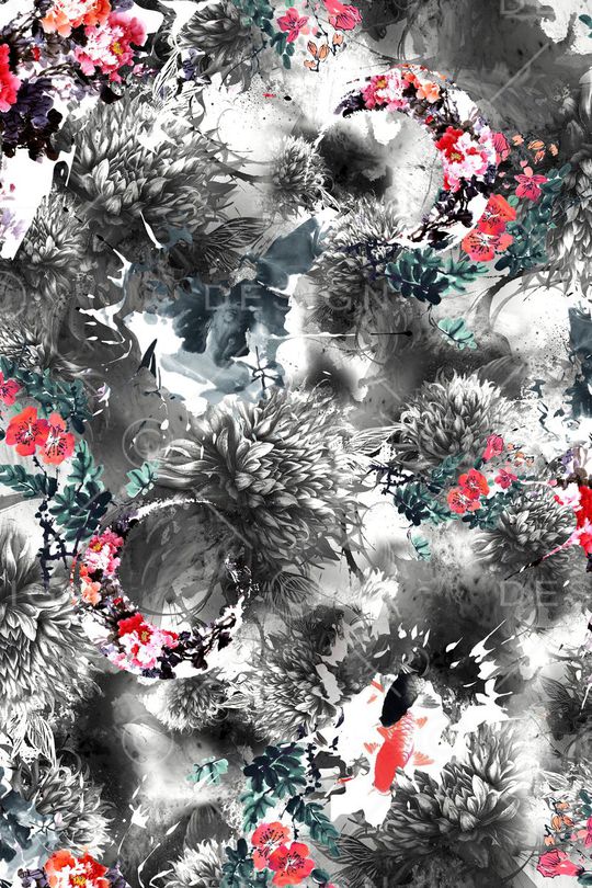 水墨花卉印花华亿平台图片