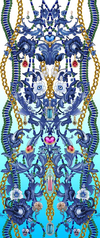 376469-欧式花纹连衣裙珠宝链条青金石绿宝石