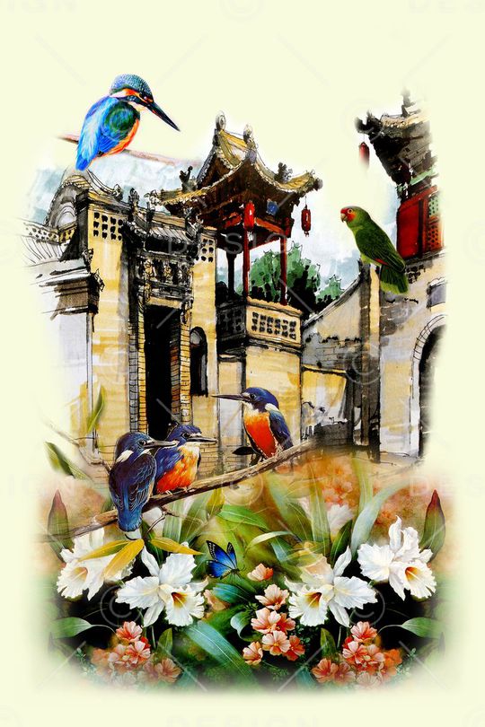 水彩民居印花华亿平台图片