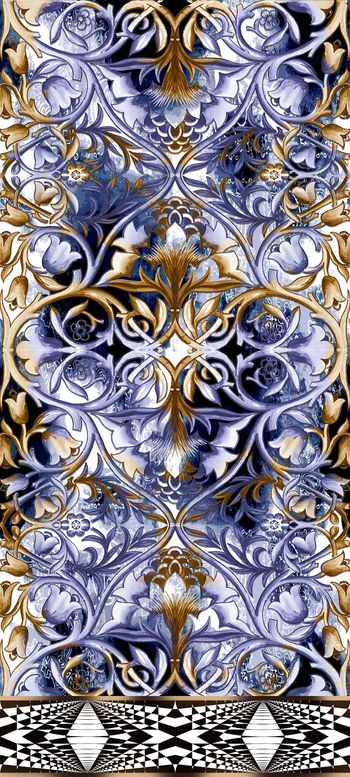 378313-复古欧式花纹靛蓝几何组合长巾长裙-