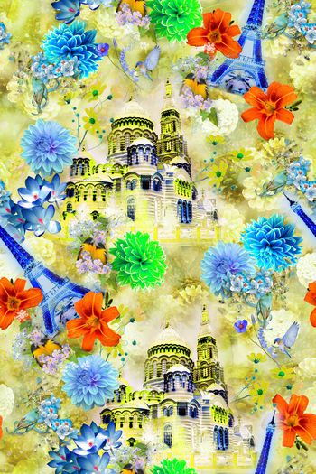 380823-休闲风埃菲尔铁塔欧式建筑花卉小鸟秋