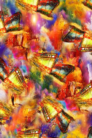 油画 五彩斑斓 抽象 帆船印花华亿平台图片