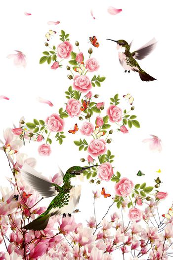 385724-定位复古黑底鸟戏桃花