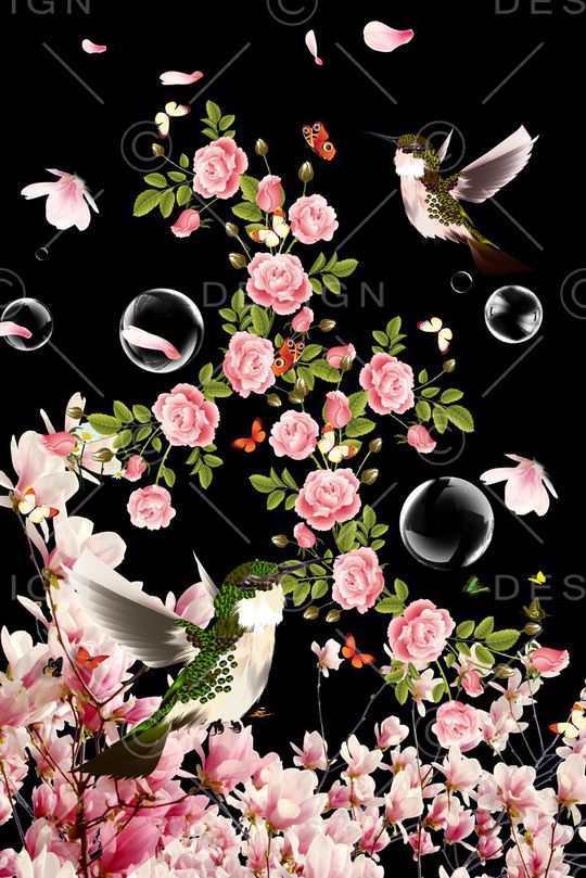 鸟戏桃花印花华亿平台图片