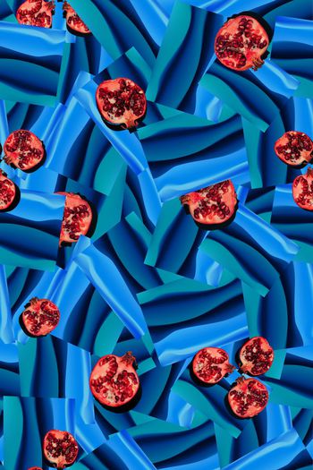 红石榴抽象肌理蓝色印花华亿平台图片