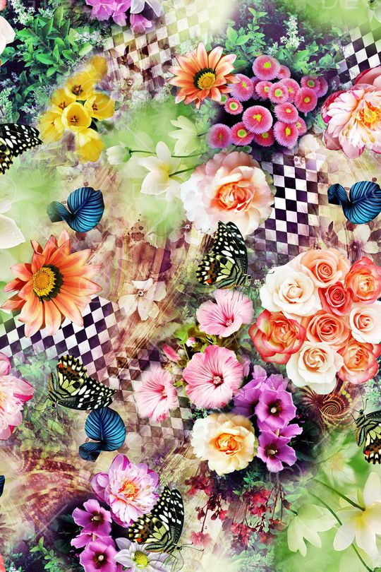 菱形格子花和鸟印花华亿平台图片