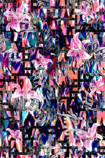 388447-热带色彩网点格子百合花卉女装印花