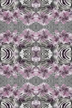 水墨斑马纹和豹纹紫色花卉印花华亿平台图片