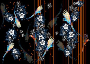 390604-条纹花卉花鸟组合服装华亿平台系列