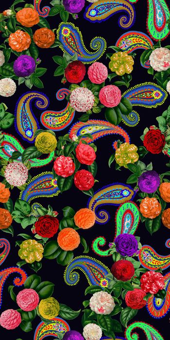 391785-手绘佩斯利火腿纹腰果纹鲜花花卉