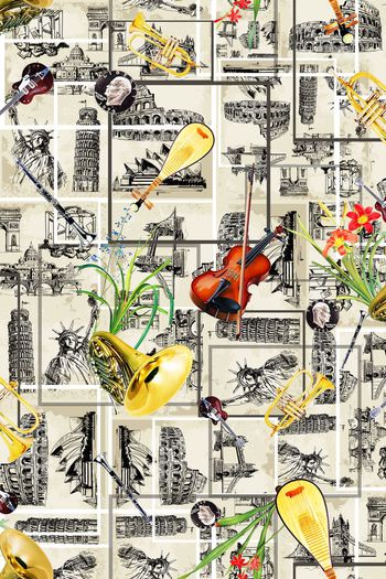 393176-复古手绘大师花卉乐器
