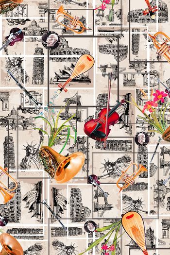 393177-复古手绘大师花卉乐器