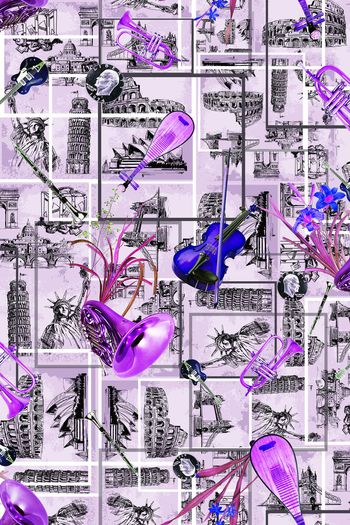 393179-复古手绘大师花卉乐器