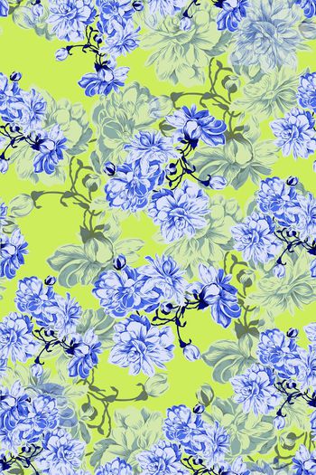 393587-青花，多配色，分层花卉蓝色，粉色，