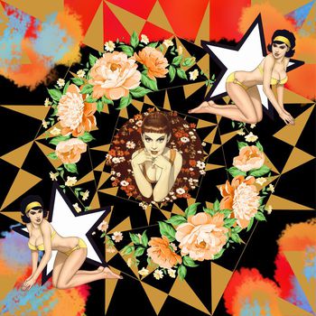 394309-夜女郎时尚几何图案花卉手绘涂鸦色块