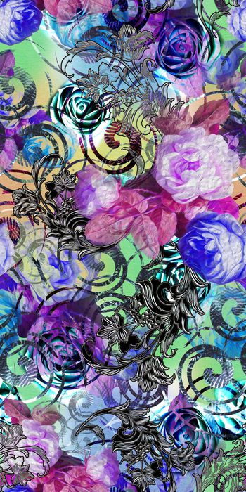 396421-黑色立体花边 玫瑰 螺旋棕榈叶机理