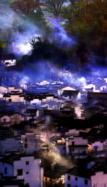 396641-中国风景婺源民居图案布艺女装男装软