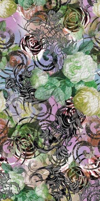 396819-黑色立体花边 玫瑰 螺旋棕榈叶机理