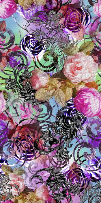 396820-黑色立体花边 玫瑰 螺旋棕榈叶机理