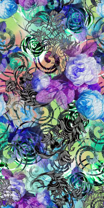 396821-黑色立体花边 玫瑰 螺旋棕榈叶机理