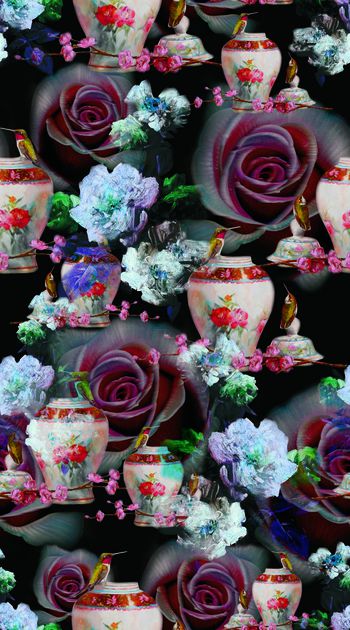 398022-油画抽象花卉 花瓶 蜂鸟 玫瑰 机