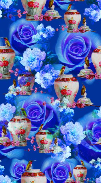 398023-油画抽象花卉 花瓶 蜂鸟 玫瑰 机