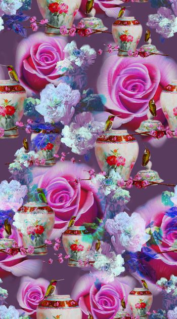 398024-油画抽象花卉 花瓶 蜂鸟 玫瑰 机