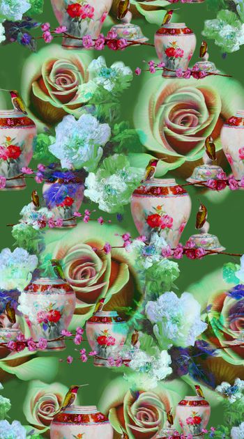 398025-油画抽象花卉 花瓶 蜂鸟 玫瑰 机