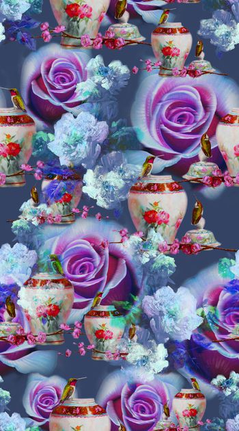 398026-油画抽象花卉 花瓶 蜂鸟 玫瑰 机