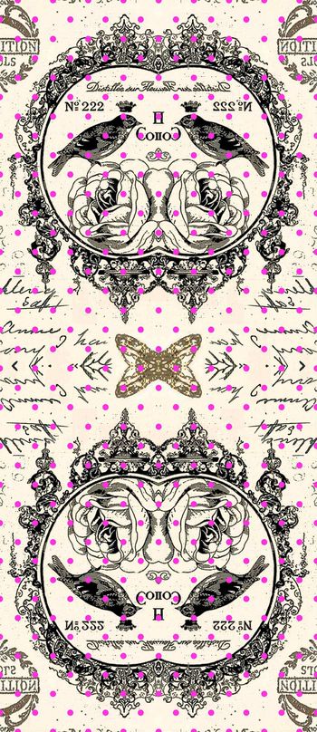 398205-复古欧洲花鸟花纹边框圆点女装连衣裙