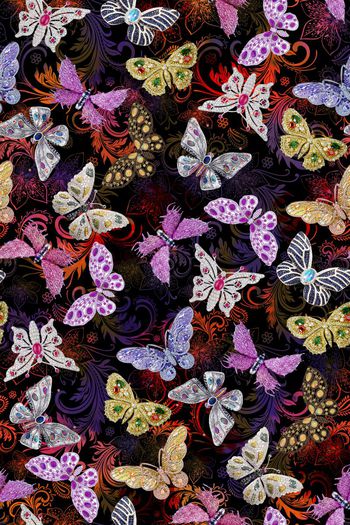 398915-蝴蝶珠宝宝石手绘渐变卷草底纹女装花