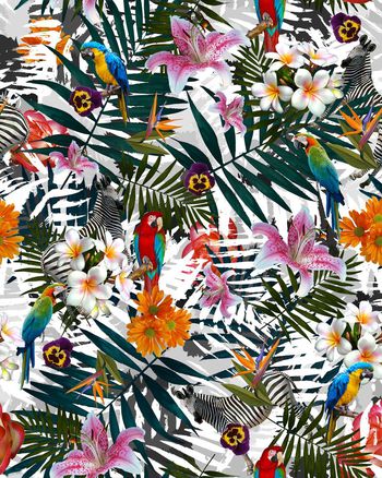 399063-热带丛林花鸟鹦鹉斑马棕榈叶女装男装