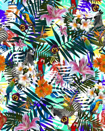 399065-热带丛林花鸟棕榈叶女装男装休闲度假