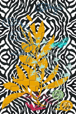 几何斑马纹和简笔花草印花华亿平台图片